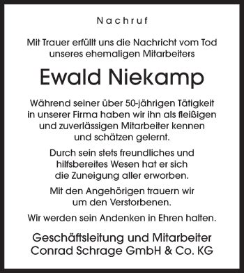 Traueranzeigen Von Ewald Niekamp Noz Trauerportal