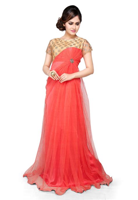 Embroidered Net Gown In Coral And Beige Tjw916