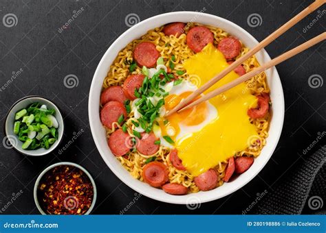 Ramen Noodles With Sausages Egg Melted Cheese And Scallion Microwave