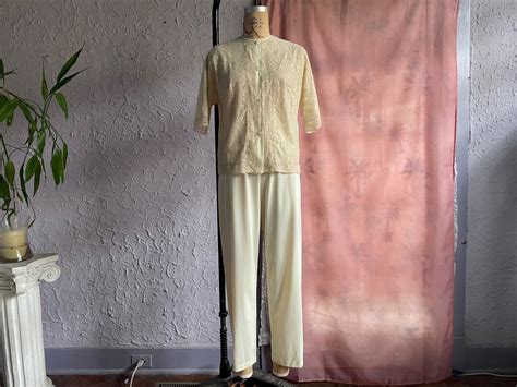 Vintage Vanity Fair Lace Pajamas 60s Cream Nylon Pjs Set 1960s Semi