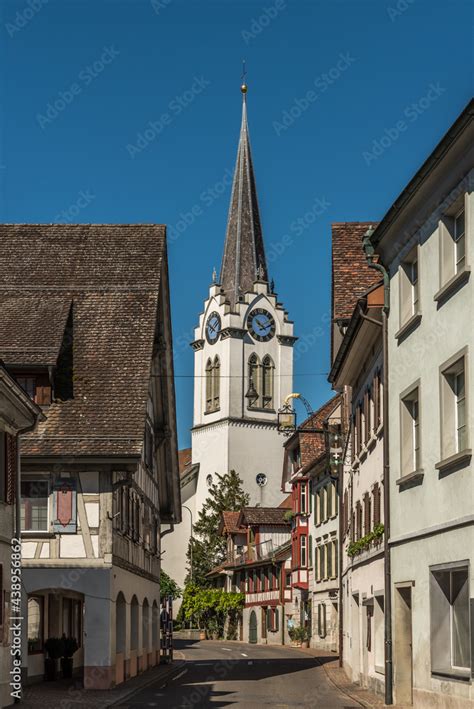 Altstadt Mit Evangelischer Kirche In Berlingen Am Bodensee Kanton