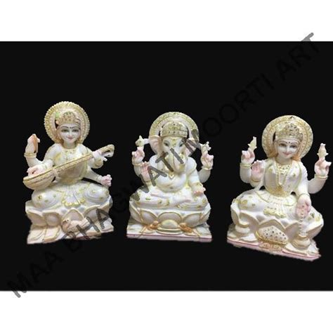 Painted Hindu White Marble Laxmi Ganesh Statue For Worship Size 9