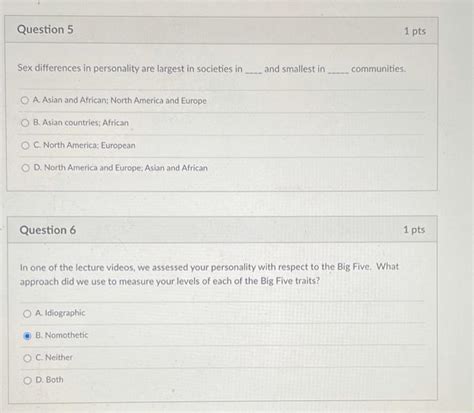 Solved Question Pts Sex Differences In Personality Are Chegg