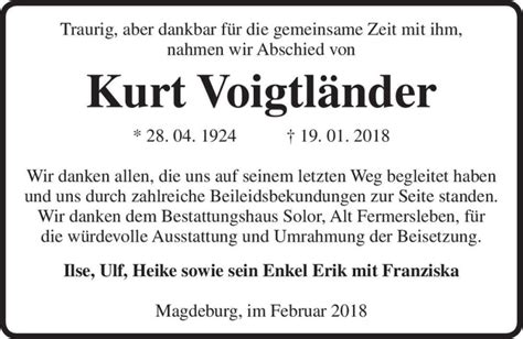 Traueranzeigen Von Kurt Voigtl Nder Abschied Nehmen De