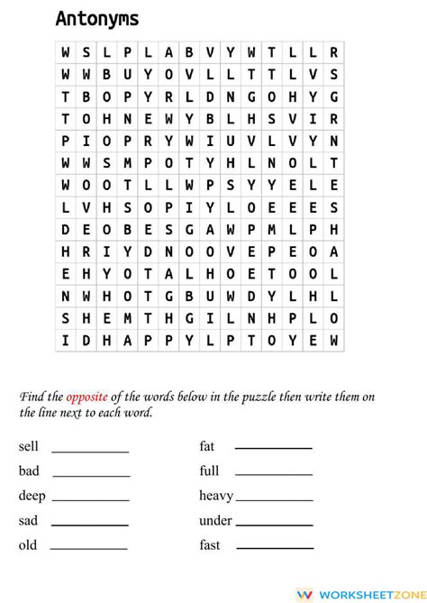 Antonyms Word Search Worksheet Zone