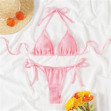 Sexy Pink String Halter Triangle Micro Bikini Women Ribbed Swimwear