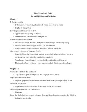 Midterm Study Guide Abnormal Psychology Spring 2019 Midterm Exam