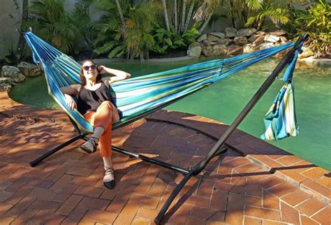 Free Standing Hammock Teal Blue Canvas Hammock With Fixed Stand