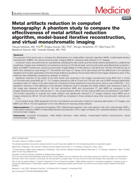 Pdf Metal Artifacts Reduction In Computed Tomography A Phantom Study