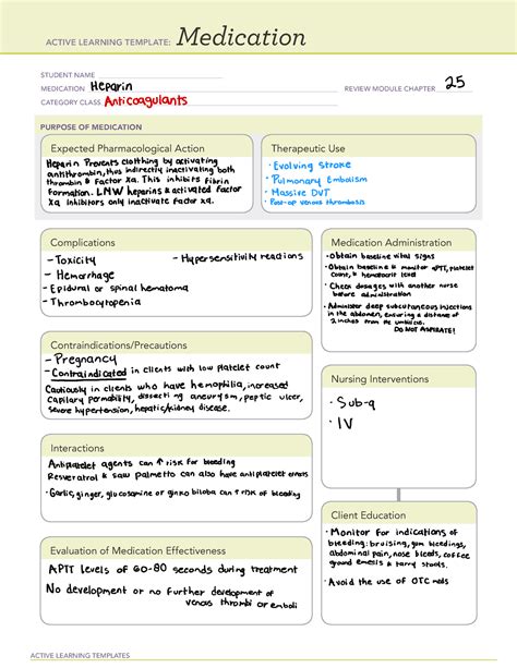 Ati Templates Ati Template Medication Heparin Active Learning