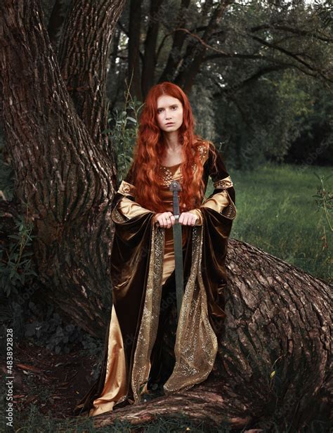 Young Red Haired Woman In Medieval Dress Fantasy Portrait Of A Girl