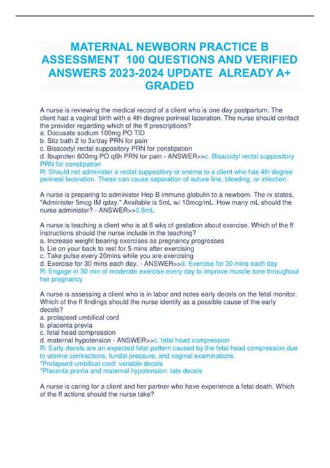 MATERNAL NEWBORN PRACTICE B ASSESSMENT 100 QUESTIONS AND VERIFIED