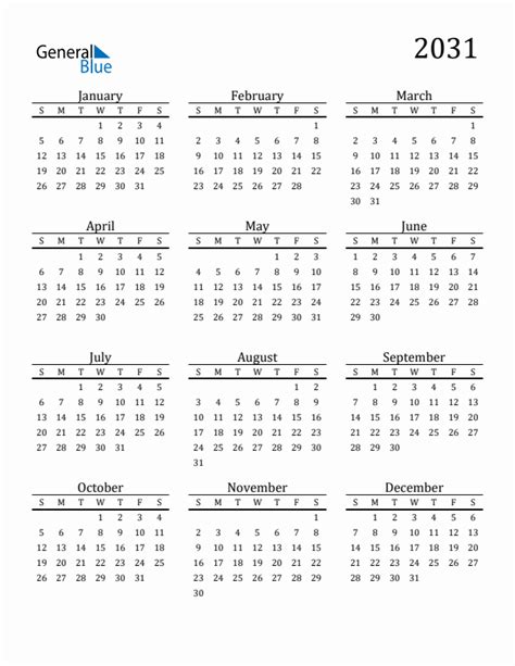 2031 Calendar (PDF, Word, Excel)