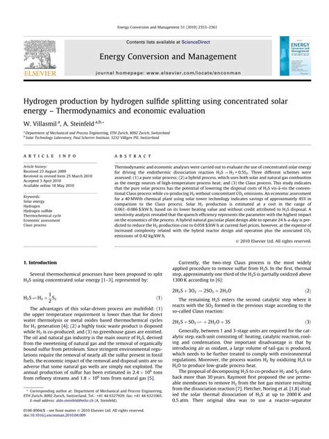 Pdf Hydrogen Production By Hydrogen Sulfide Splitting Using