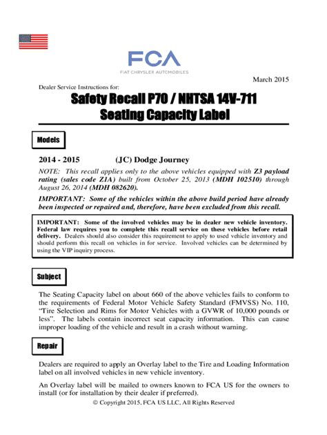 Fillable Online Safety Recall P70 NHTSA 14V 711 Seating Capacity