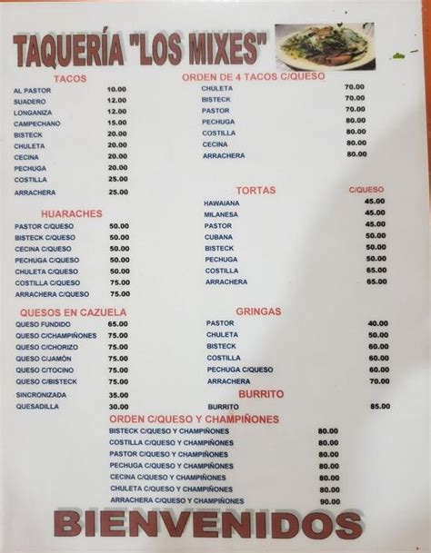 Carta Del Restaurante Taquer A Los Mixes Cuernavaca