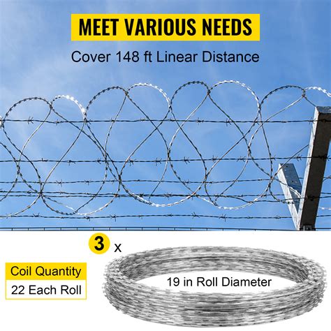 VEVOR Razor Wires, 147ft Razor Barbed Wire 3 Coils, 49 ft Per Roll Razor Wire Fencing Razor ...