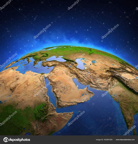 Surface Planet Earth Viewed Satellite Focused Middle East Physical Map ...