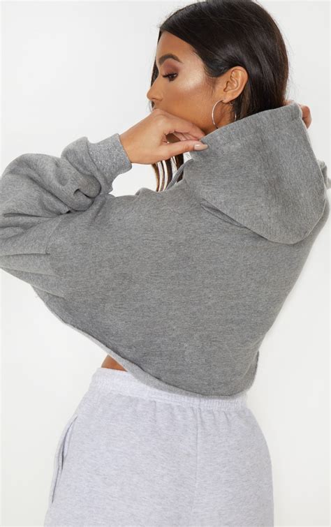 Grey Drop Shoulder Oversized Crop Hoodie Prettylittlething Usa