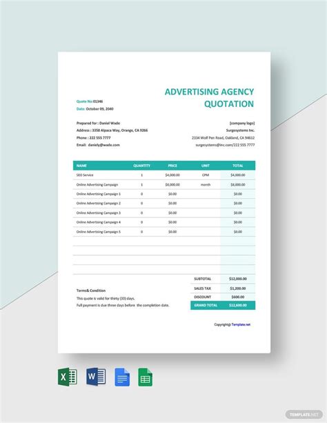 Basic Advertising Agency Quotation Template Google Docs Google