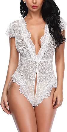 Aranmei Women Sexy Lingerie Lace Teddy Deep V Open Crotch Mesh