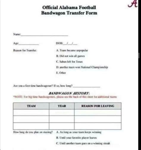 The Official Alabama Football Team Form Is Shown In This File Which