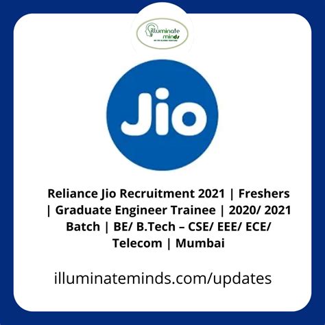 Reliance Jio Recruitment 2021 Freshers Graduate Engineer Trainee 2020 2021 Batch Be B