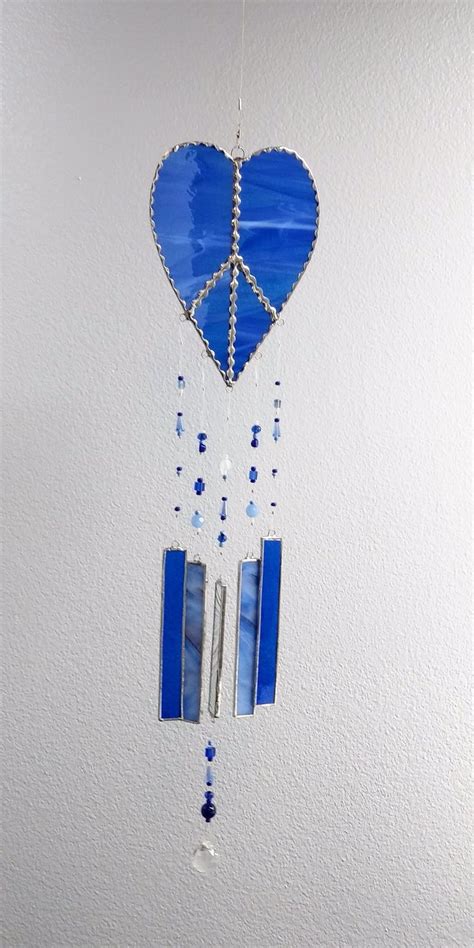 Wind Chimes Blue Wispy Peace Heart Crystal Prism Stained Glass Sun