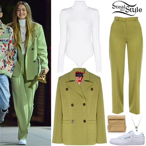 Gigi Hadid Green Suit White Bodysuit Steal Her Style