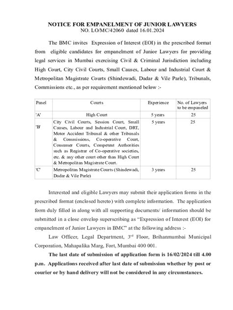 Fillable Online Expression Of Interest For Empanelment Of Advocate Law