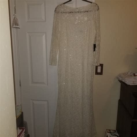 Marina Long Sleeve Ivory Sequin Lace Gown Gem