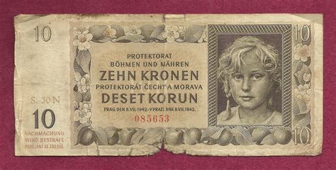 BOHEMIA & MOROVIA 10 Kronen 1942 Banknote 085653 - Czechoslavakia / WWII Currency For Sale