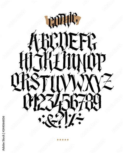 Full alphabet in the Gothic style. Letters and symbols on a white ...