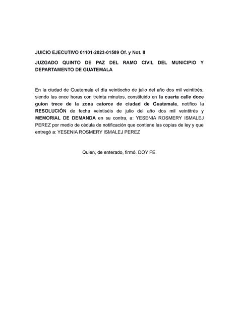 Cédula de notificación Personal JUICIO EJECUTIVO 01101 2023 01589 Of