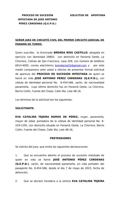 Proceso de Sucesión Intestada de José Antonio Pérez Cárdenas - Studocu