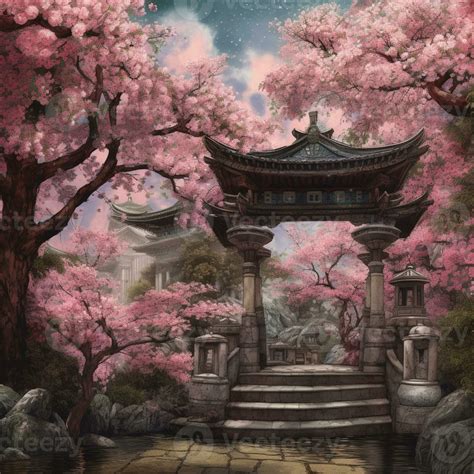 painting of a japanese gate with cherry trees in the background ...