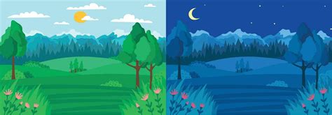 Cartoon Color Day and Night Landscape Scene Background Concept. Vector ...