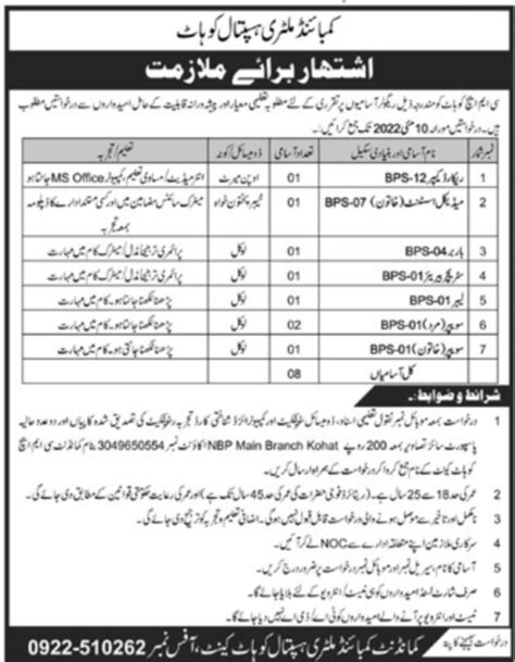 Combined Military Hospital Cmh Kohat Jobs 2022 2024 Job Advertisement