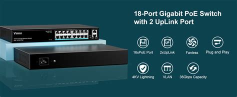 VIMIN 16 Port Gigabit PoE Switch With 2 Uplink Gigabit Ports 18 Port