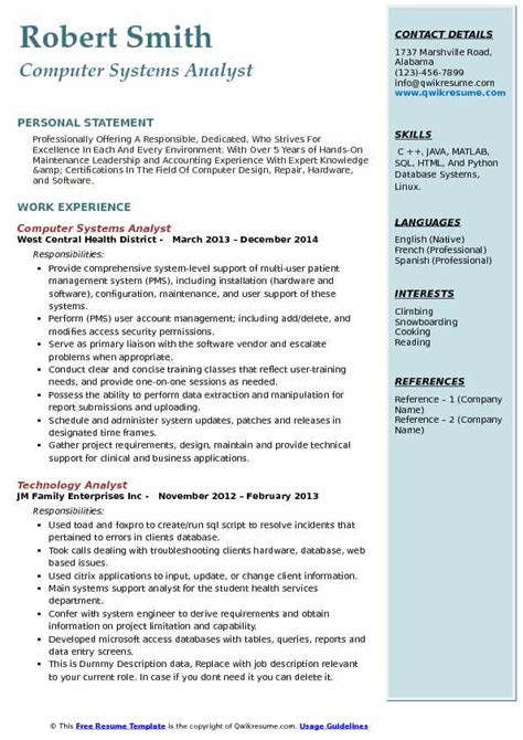 Computer Systems Analyst Resume Samples Qwikresume