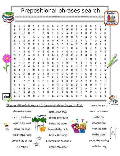 Prepositional Phrases Word Search Puzzle 22 Phrases Teaching Resources