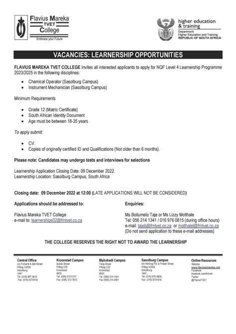 Flavius Mareka Tvet College Vacancies Learnership Opportunities