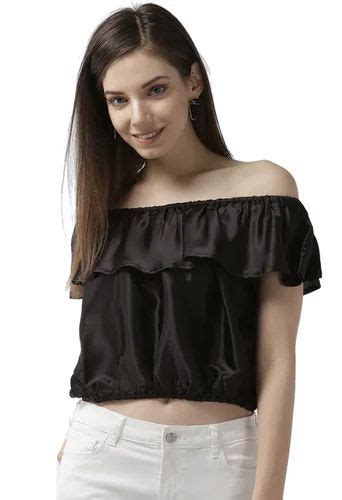 Women Black Off Shoulder Flutter Sleeve Bardot Crop Top At Rs 499 00