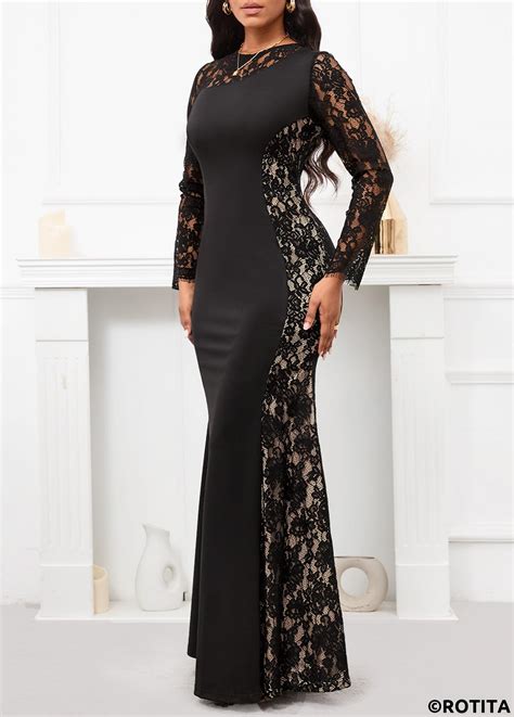 Rotita Patchwork Black Round Neck Long Sleeve Maxi Bodycon Dress