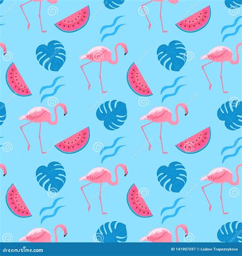 Trendy Seamless Pattern With Tropical Pink Flamingos Watermelon Slices