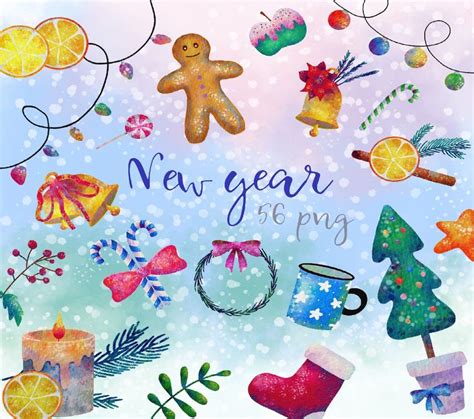 A Watercolor Drawing Of Christmas Items And Words On A Blue Background