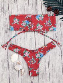 32 OFF 2022 Lace Up Floral Print Bandeau Bikini Set In RED ZAFUL