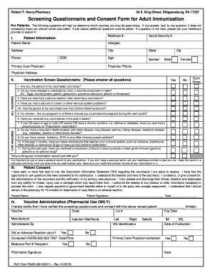 Screening Questionnaire And BConsent Formb For Adult Immunization