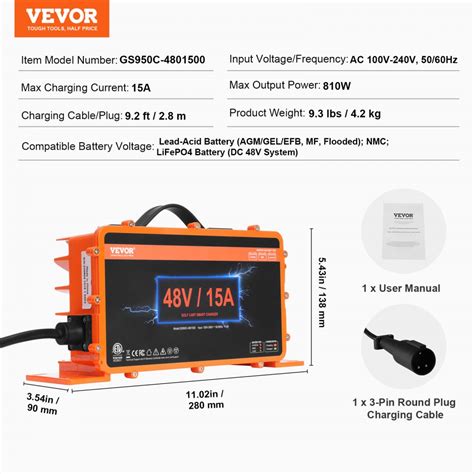 Vevor 48 Volt 15 Amp Golf Cart Smart Battery Charger For Club Car 3 Pin