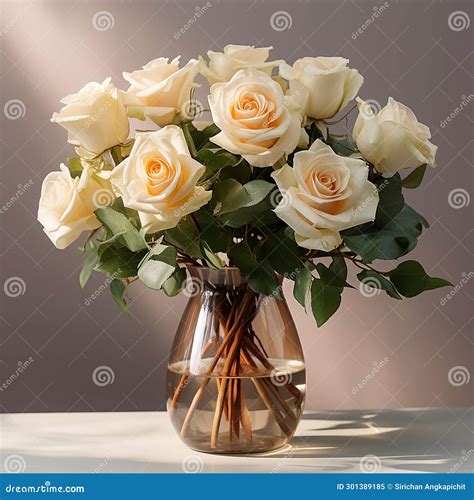 Bouquet Of White Roses Are In A Glass Vase Ai Generative Stock